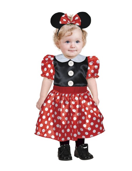 Costume baby Minnie Mouse rosso e nero con orecchie, gonna a pois e colletto bianco per bambina piccola