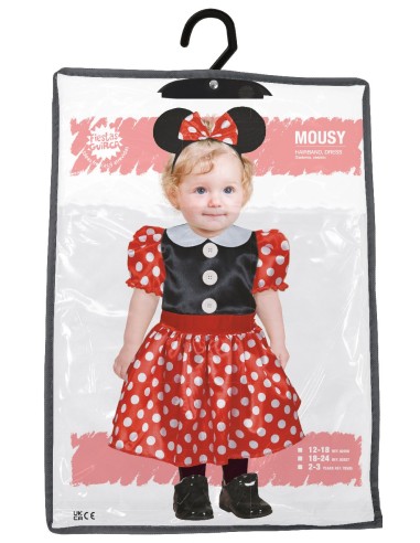 Costume baby Minnie Mouse rosso e nero con orecchie, gonna a pois e colletto bianco per bambina piccola