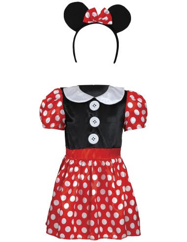 Costume baby Minnie Mouse rosso e nero con orecchie, gonna a pois e colletto bianco per bambina piccola