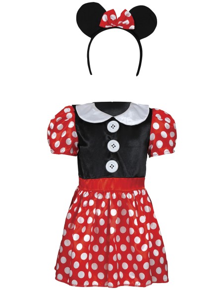 Costume baby Minnie Mouse rosso e nero con orecchie, gonna a pois e colletto bianco per bambina piccola