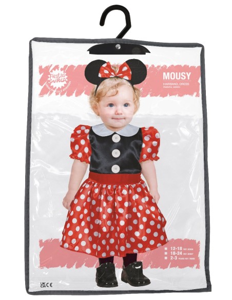 Costume Baby Minnie Mouse bambina con vestito rosso a pois bianchi e orecchie nere con fiocco
