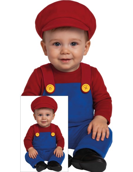Costume Baby Super Mario bambino con tuta blu bretelle cappello rosso maglia rossa 12-18 mesi