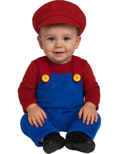 Costume Baby Super Mario bambino con tuta blu bretelle cappello rosso maglia rossa 12-18 mesi