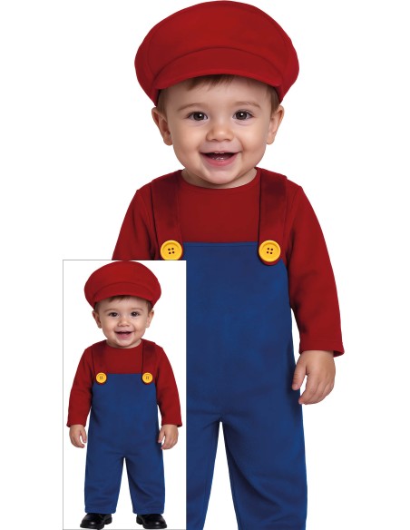 Costume Baby Super Mario con maglia rossa, salopette blu e cappellino per bambini piccoli