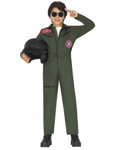 Costume aviatore militare bambino tuta verde con patch distintivi e occhiali da sole stile Top Gun
