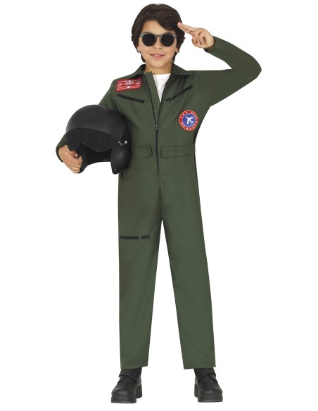 Costume aviatore militare bambino tuta verde con patch distintivi e occhiali da sole stile Top Gun