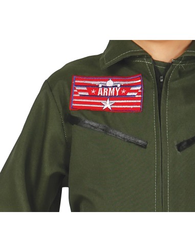 Costume aviatore militare bambino tuta verde con patch distintivi e occhiali da sole stile Top Gun