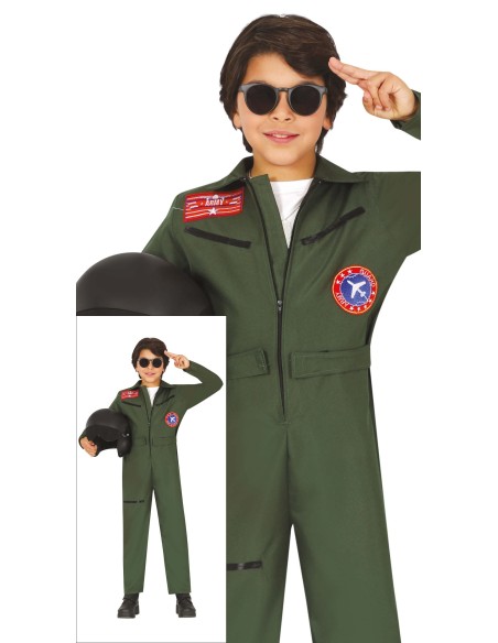 Costume aviatore militare verde bambino con patch, occhiali da sole e casco da pilota