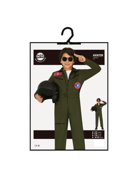 Costume aviatore militare verde bambino con patch, occhiali da sole e casco da pilota