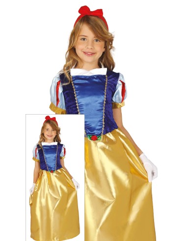 Bambina indossa costume Biancaneve con corpetto blu, gonna dorata e fiocco rosso per Carnevale