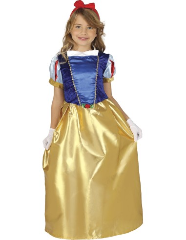 Bambina indossa costume Biancaneve con corpetto blu, gonna dorata e fiocco rosso per Carnevale