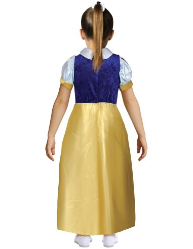 Bambina indossa costume Biancaneve con corpetto blu, gonna dorata e fiocco rosso per Carnevale