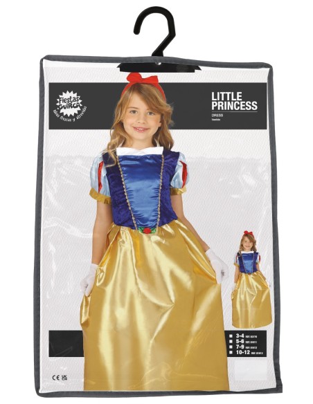 Bambina indossa costume Biancaneve con corpetto blu, gonna dorata e fiocco rosso per Carnevale