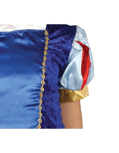 Bambina indossa costume Biancaneve con corpetto blu, gonna dorata e fiocco rosso per Carnevale