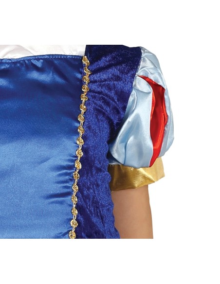Bambina indossa costume Biancaneve con corpetto blu, gonna dorata e fiocco rosso per Carnevale