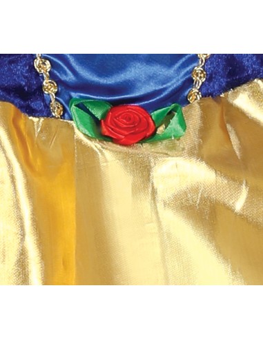 Bambina indossa costume Biancaneve con corpetto blu, gonna dorata e fiocco rosso per Carnevale
