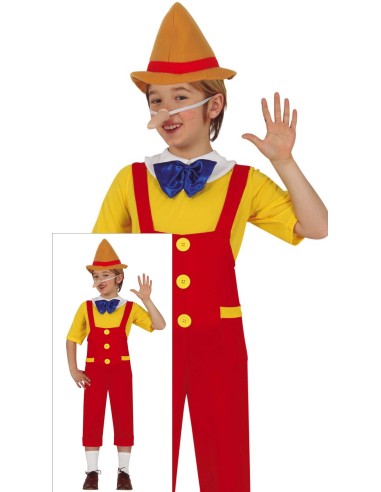 Costume Pinocchio bambino con salopette rossa, maglia gialla e cappello appuntito marrone
