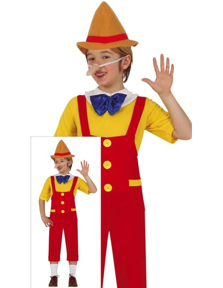 Costume Pinocchio bambino con salopette rossa, maglia gialla e cappello appuntito marrone