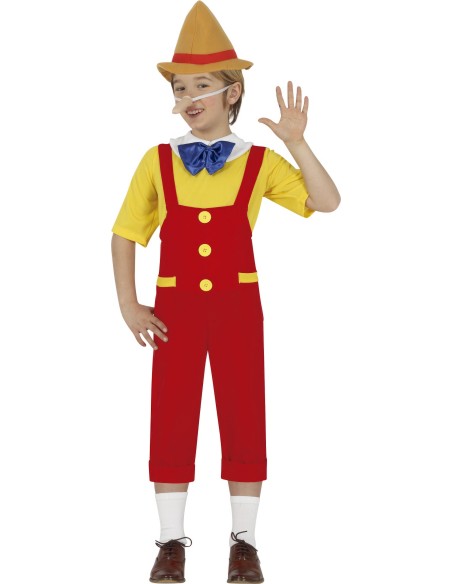 Costume Pinocchio bambino con salopette rossa, maglia gialla e cappello appuntito marrone