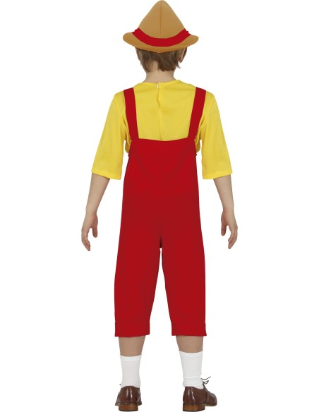 Costume Pinocchio bambino con salopette rossa, maglia gialla e cappello appuntito marrone