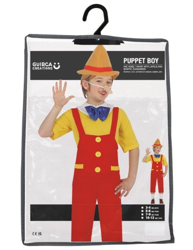 Costume Pinocchio bambino con salopette rossa, maglia gialla e cappello appuntito marrone