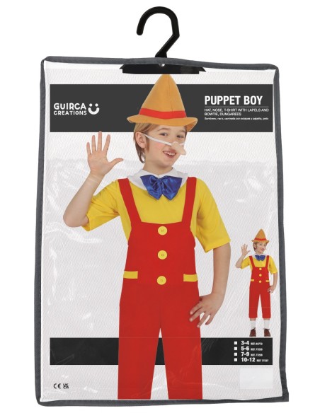 Costume Pinocchio bambino con salopette rossa, maglia gialla e cappello appuntito marrone