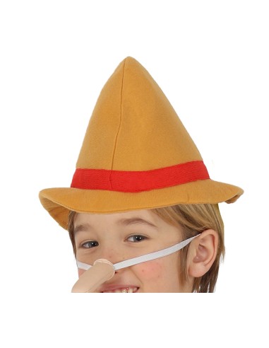 Costume Pinocchio bambino con salopette rossa, maglia gialla e cappello appuntito marrone
