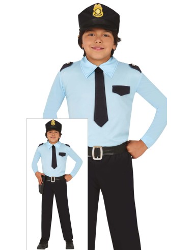 Costume poliziotto bambino con cappello, camicia azzurra, cravatta e pantaloni per Carnevale