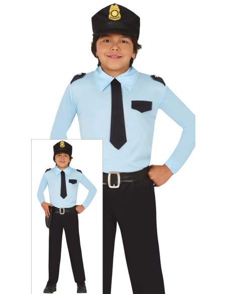 Costume poliziotto bambino con cappello, camicia azzurra, cravatta e pantaloni per Carnevale