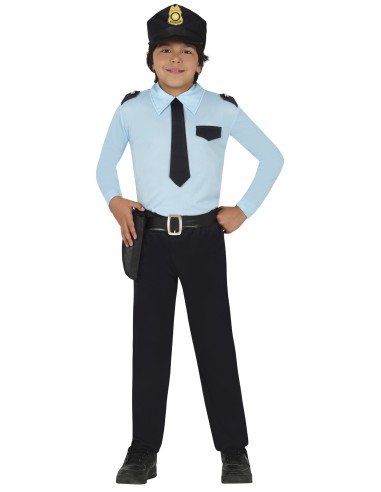 Costume poliziotto bambino con cappello, camicia azzurra, cravatta e pantaloni per Carnevale