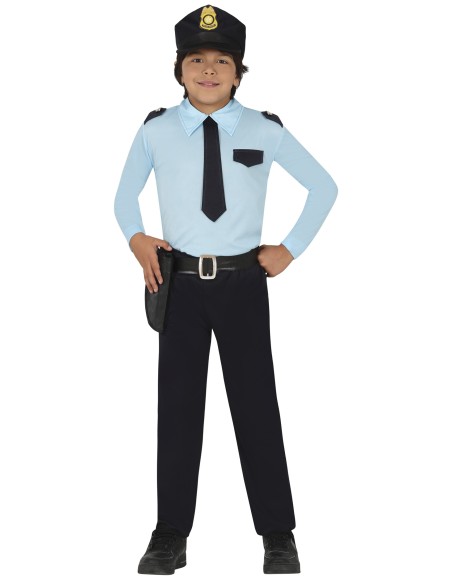 Costume poliziotto bambino con cappello, camicia azzurra, cravatta e pantaloni per Carnevale
