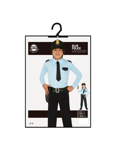 Costume poliziotto bambino con cappello, camicia azzurra, cravatta e pantaloni per Carnevale
