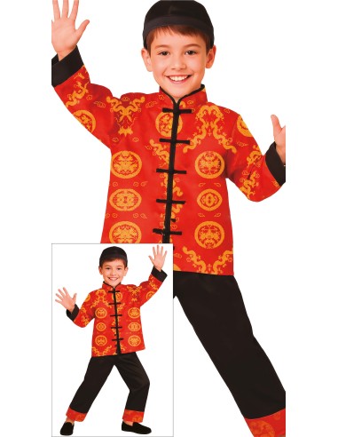 Bambino costume cinese tradizionale giacca rossa draghi dorati pantaloni neri carnevale orientale