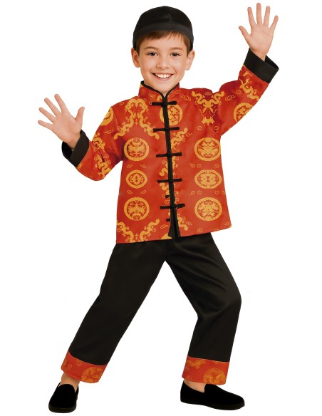 Bambino costume cinese tradizionale giacca rossa draghi dorati pantaloni neri carnevale orientale
