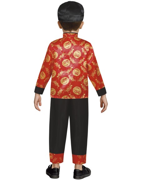Bambino costume cinese tradizionale giacca rossa draghi dorati pantaloni neri carnevale orientale