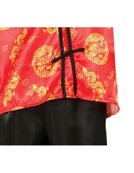 Bambino costume cinese tradizionale giacca rossa draghi dorati pantaloni neri carnevale orientale