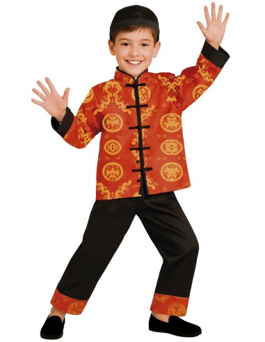 Costume cinese bambino rosso con dragoni dorati e pantaloni neri per feste orientali
