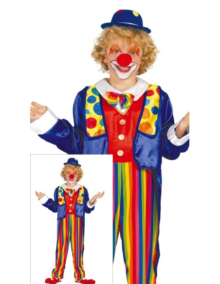 Costume clown bambino blu e rosso con pantaloni righe multicolori e cappello per Carnevale