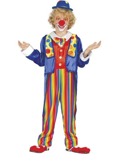 Costume clown bambino blu e rosso con pantaloni righe multicolori e cappello per Carnevale