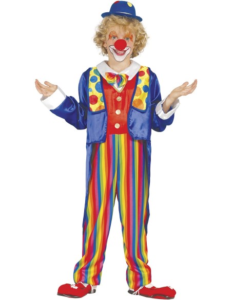Costume clown bambino blu e rosso con pantaloni righe multicolori e cappello per Carnevale