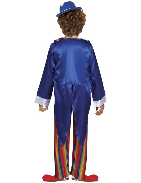 Costume clown bambino blu e rosso con pantaloni righe multicolori e cappello per Carnevale