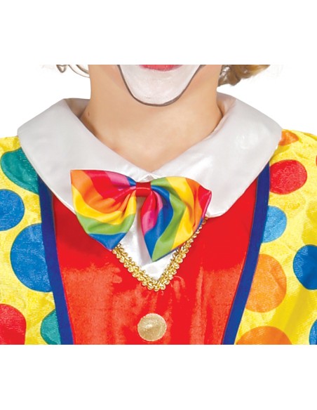 Costume clown bambino blu e rosso con pantaloni righe multicolori e cappello per Carnevale