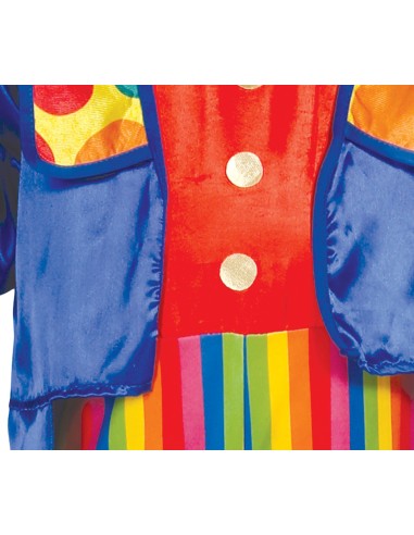 Costume clown bambino blu e rosso con pantaloni righe multicolori e cappello per Carnevale