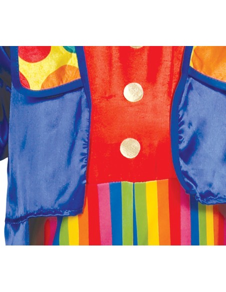 Costume clown bambino blu e rosso con pantaloni righe multicolori e cappello per Carnevale