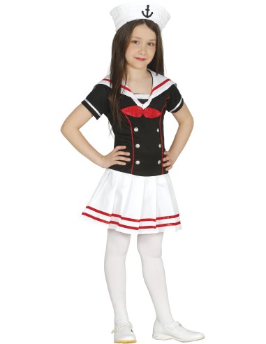 Costume marinaretta bambina con vestito blu navy, gonna bianca e cappello con ancora per feste