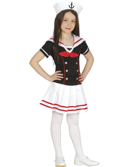 Costume marinaretta bambina con vestito blu navy, gonna bianca e cappello con ancora per feste