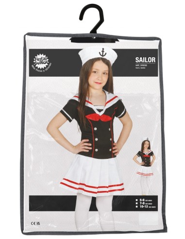 Costume marinaretta bambina con vestito blu navy, gonna bianca e cappello con ancora per feste