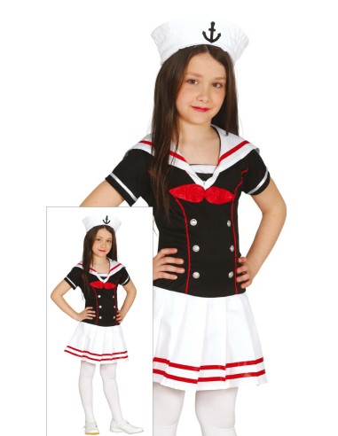 Costume marinaretta bambina con vestito nero bianco rosso e cappello sailor con ancora