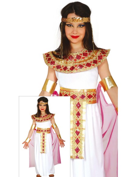 Costume bambina egiziana bianco oro con fascia gioielli mantella rosa regina Cleopatra
