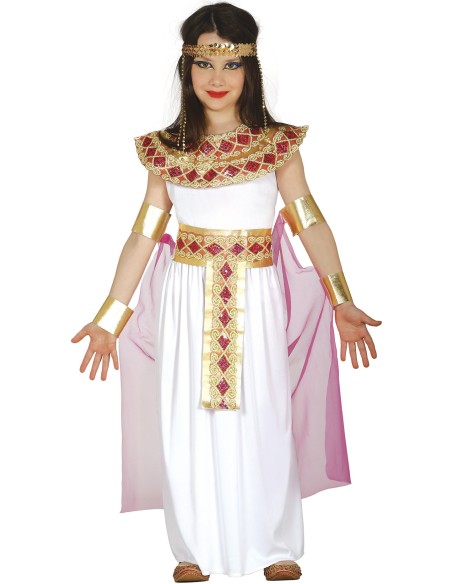 Costume bambina egiziana bianco oro con fascia gioielli mantella rosa regina Cleopatra